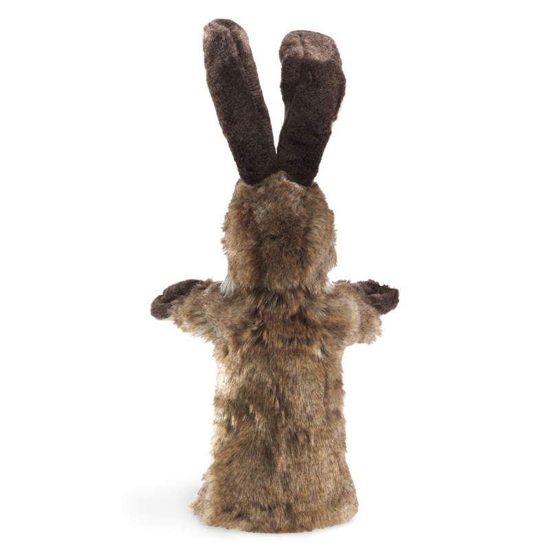 Folkmanis rabbit hand puppet in brown faux fur with long dark brown ears, rear view on a white background