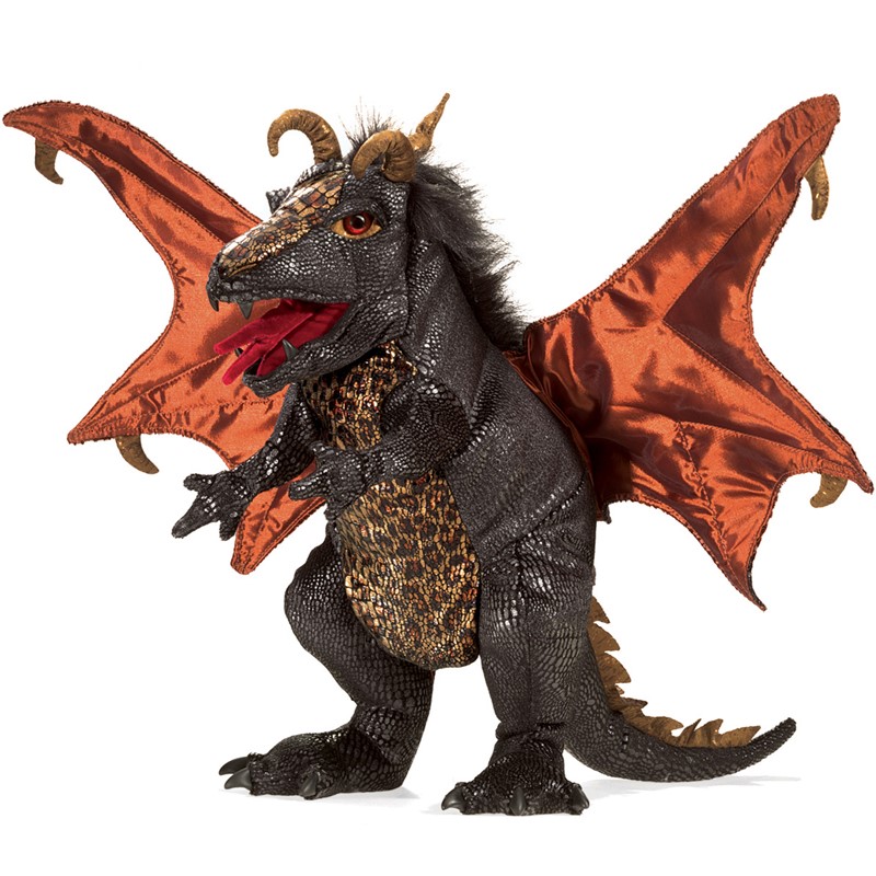 Folkmanis black dragon hand puppet with copper-gold belly, spread red satin wings and open mouth, angled view