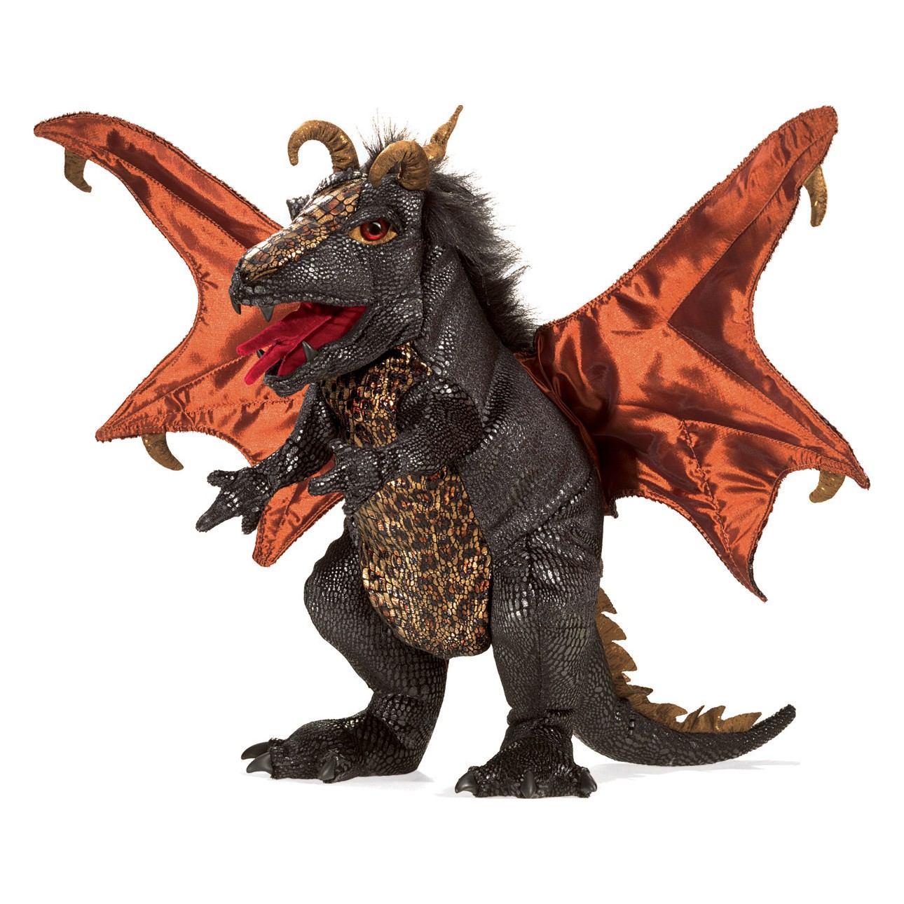 Folkmanis black dragon hand puppet with copper-gold belly, spread red satin wings and open mouth, angled view