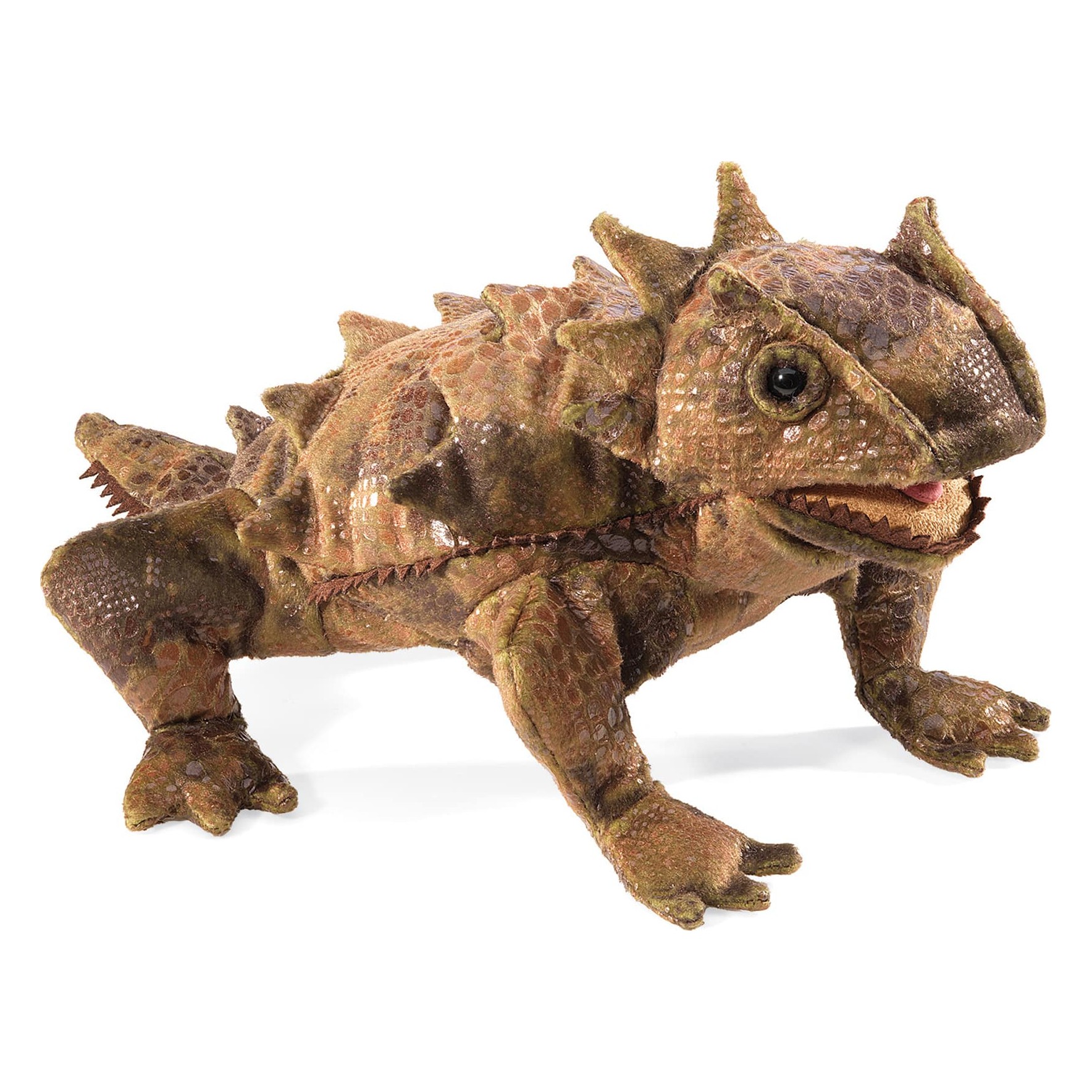 Folkmanis hand puppet horned lizard in brown tones with spiky scales and open mouth, side view