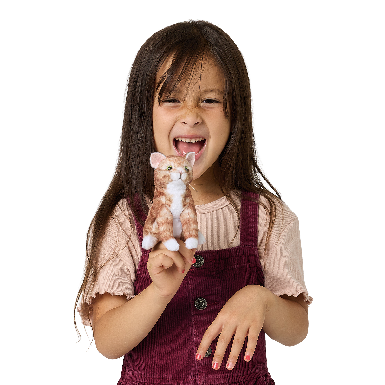 Laughing girl holding a Folkmanis mini orange-and-white tabby cat finger puppet on her index finger