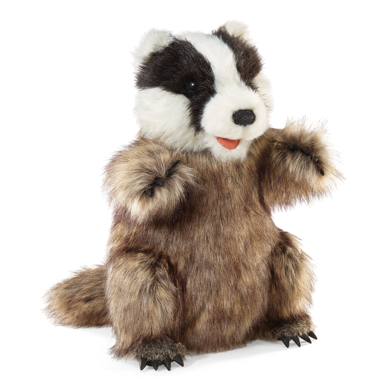Folkmanis badger hand puppet, sitting in a front view with a black-and-white striped head, open mouth and raised front paws.