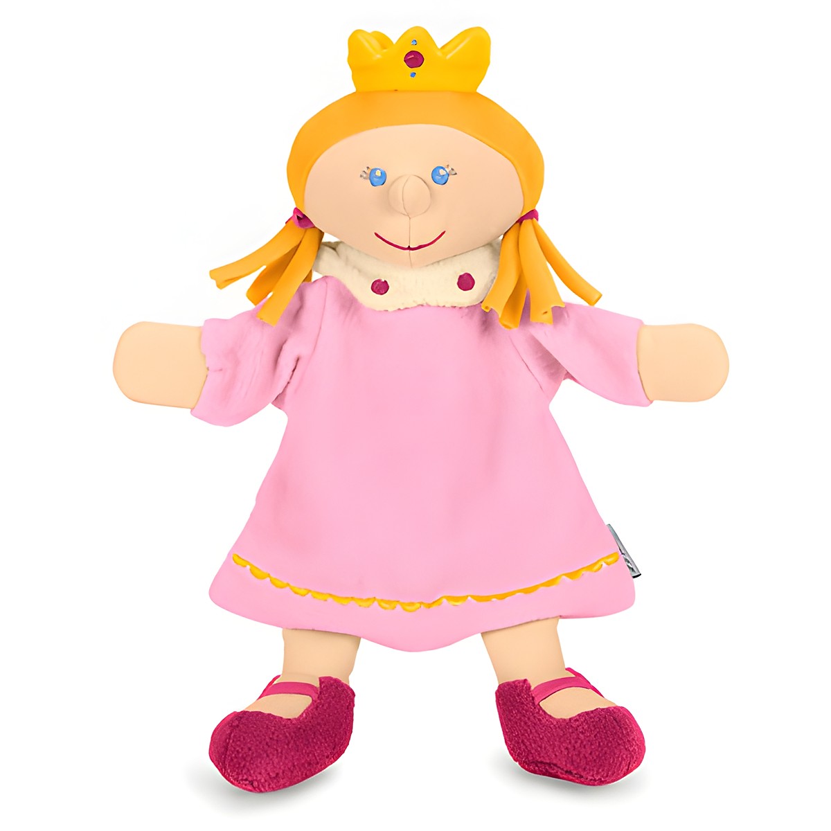 Sterntaler baby hand puppet princess, yellow crown, blonde braids and a pink dress with a yellow hem
