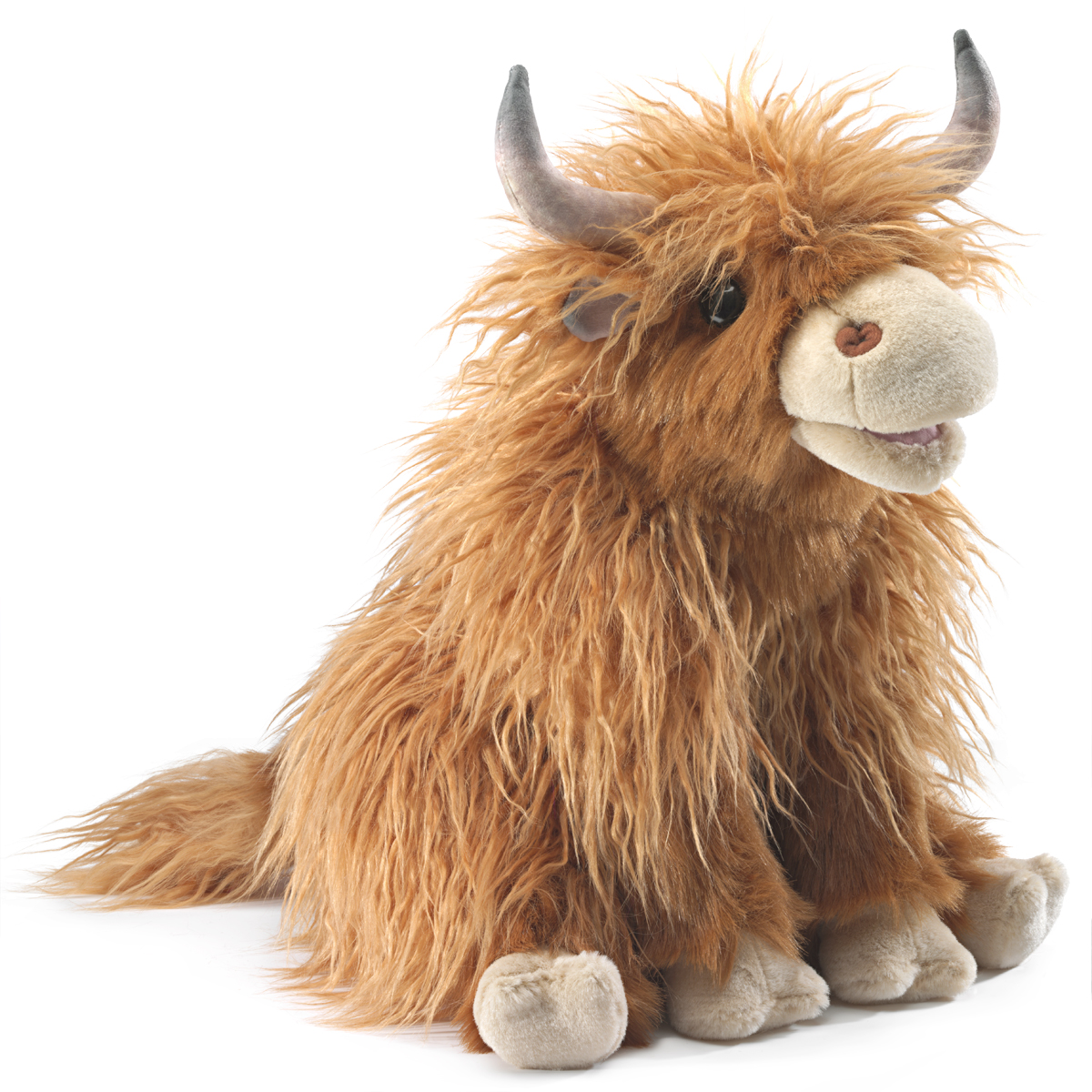 Folkmanis Highland Cow hand puppet with shaggy reddish-brown long-haired coat, curved horns and movable mouth, seated