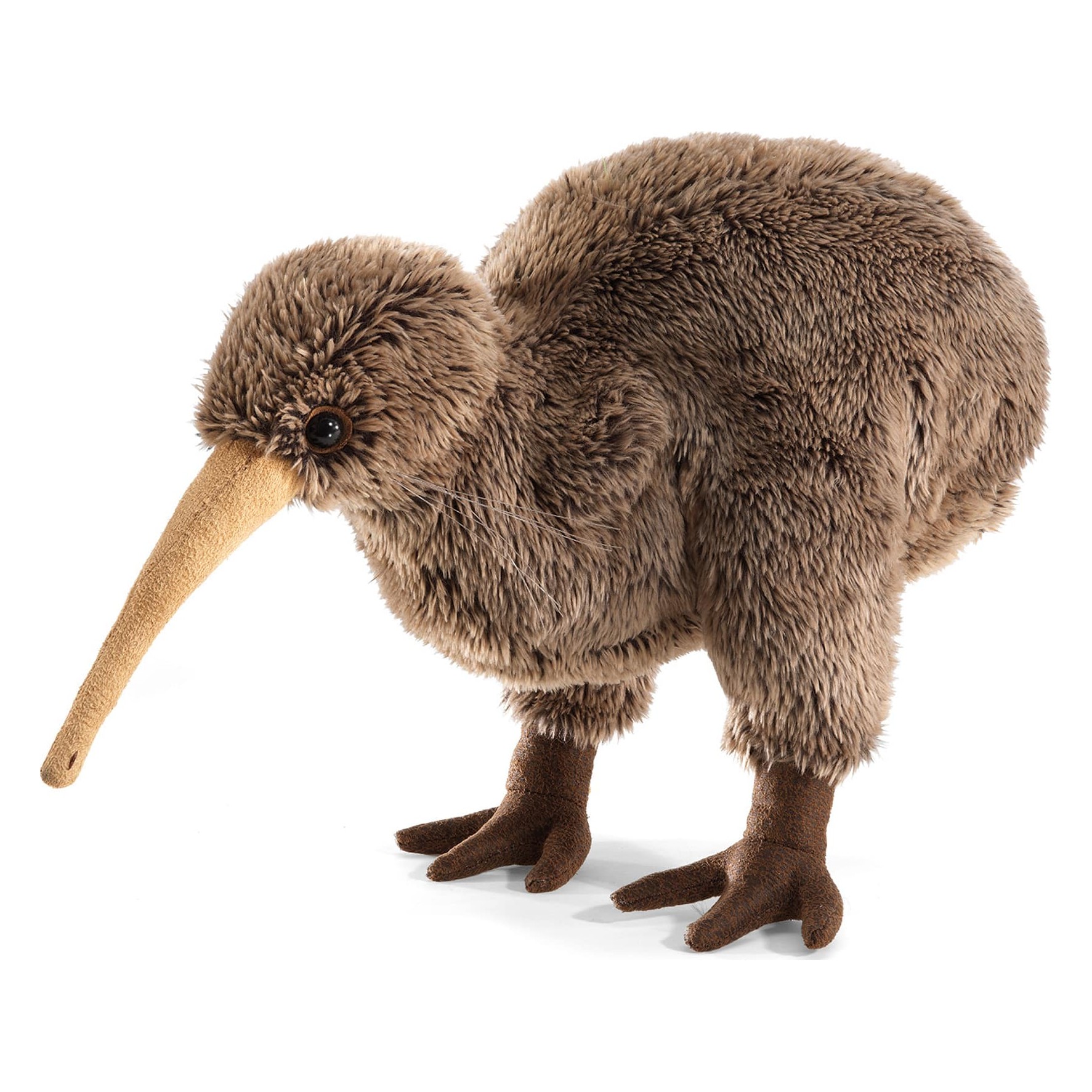 Folkmanis kiwi hand puppet made of brown plush with a long beige beak and dark feet, standing in side view