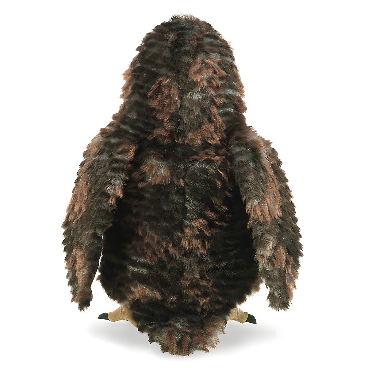 Folkmanis owl hand puppet seen from behind, brown-mottled long-pile plush feathering, small beige claws visible