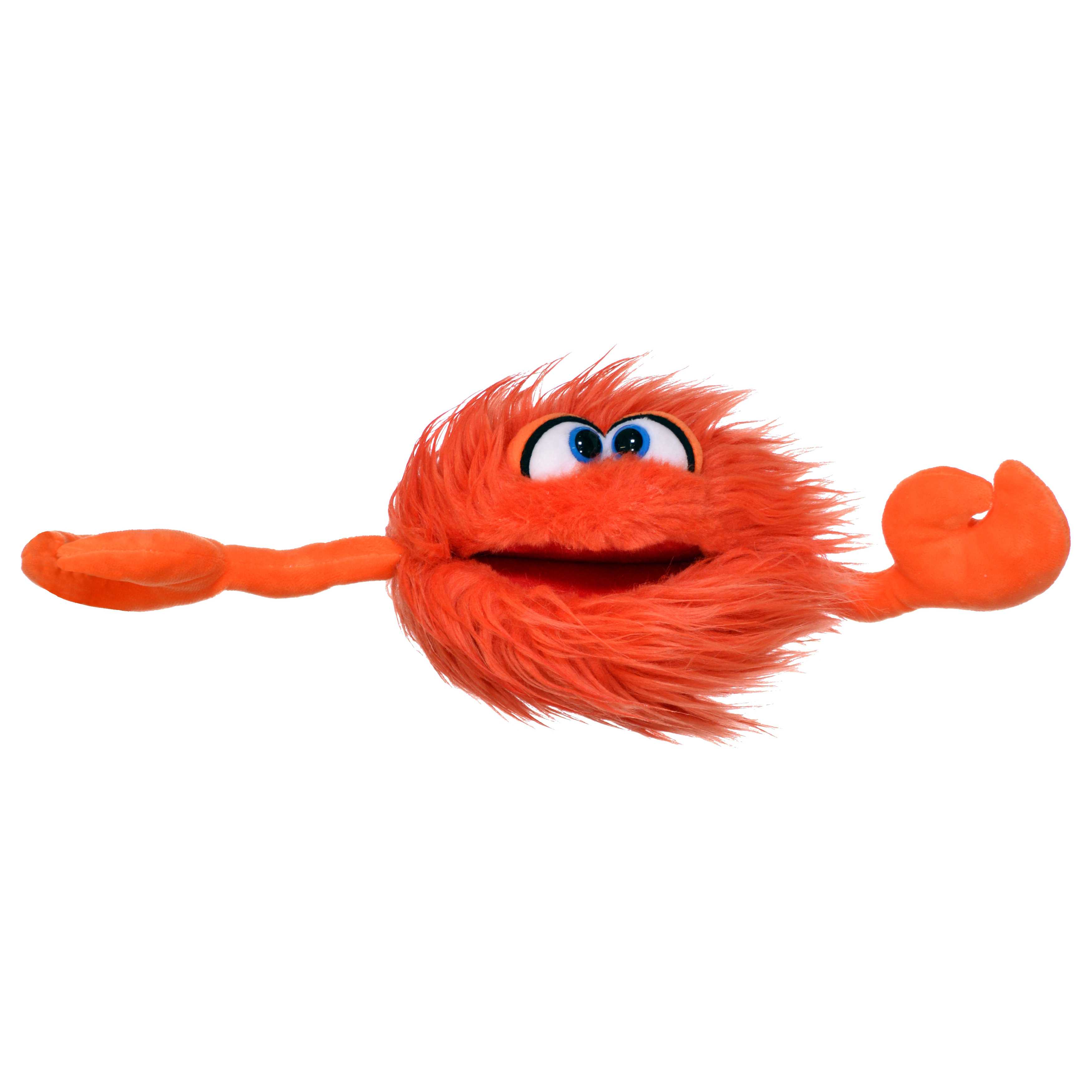 Living Puppets hand puppet Knipser the crab with claw arms spread wide and orange shaggy fur, looking upwards