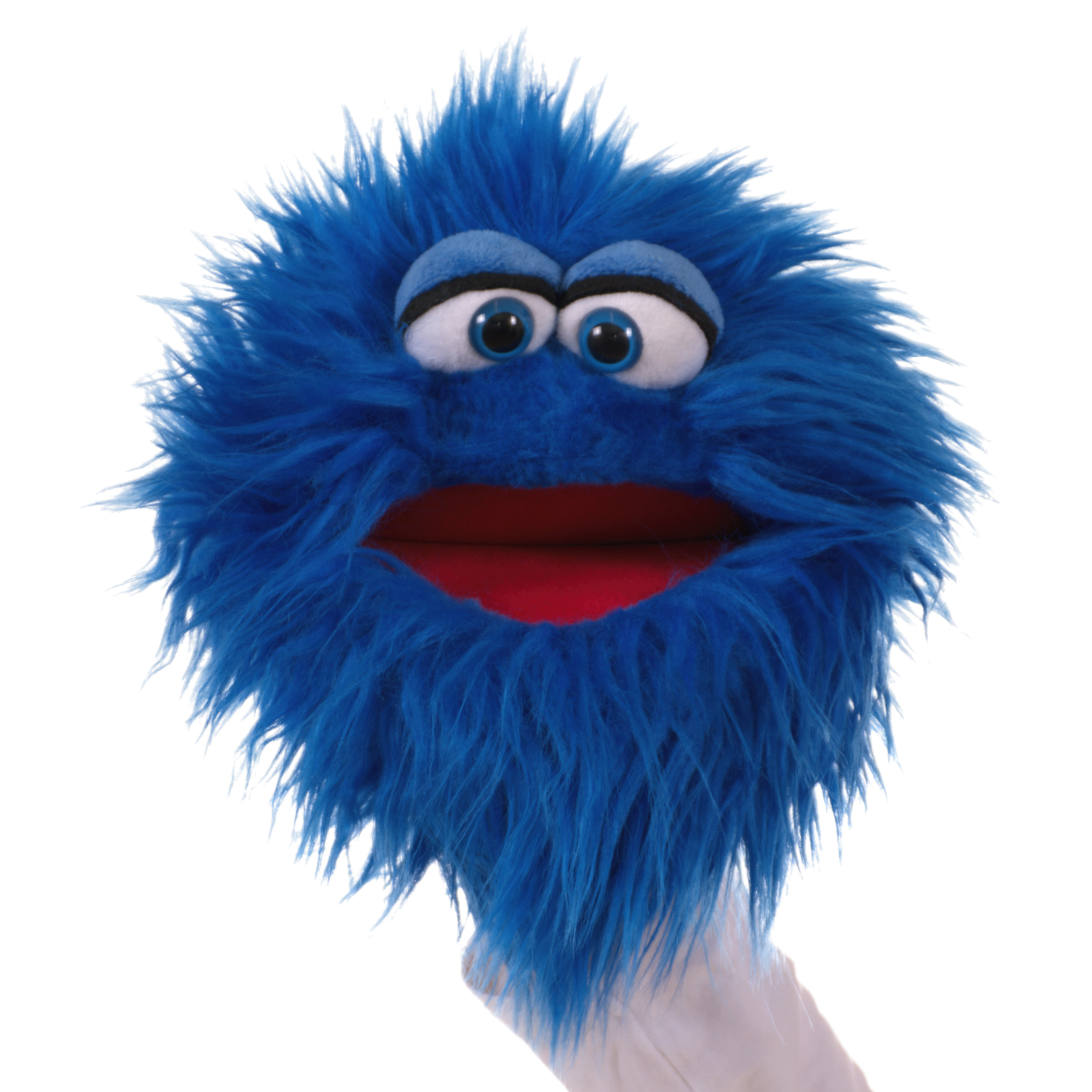 Living Puppets hand puppet Quackelfritze, blue shaggy monster with blue eyes and an open red mouth, front view