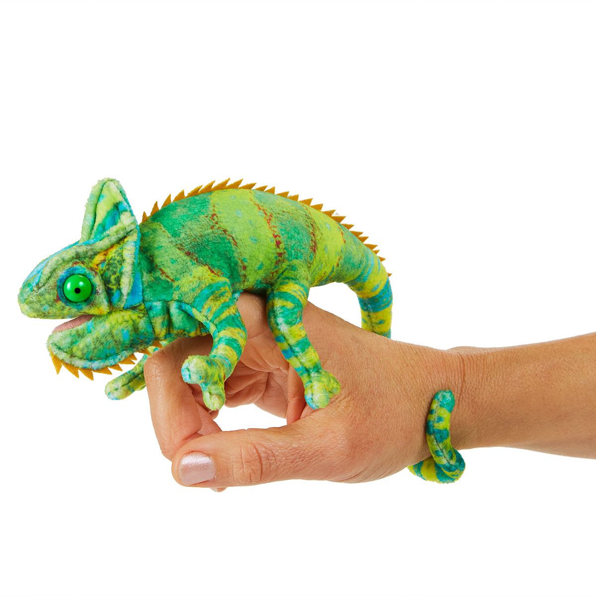 Folkmanis mini chameleon finger puppet in green-yellow with a curled tail sitting on a hand, side view