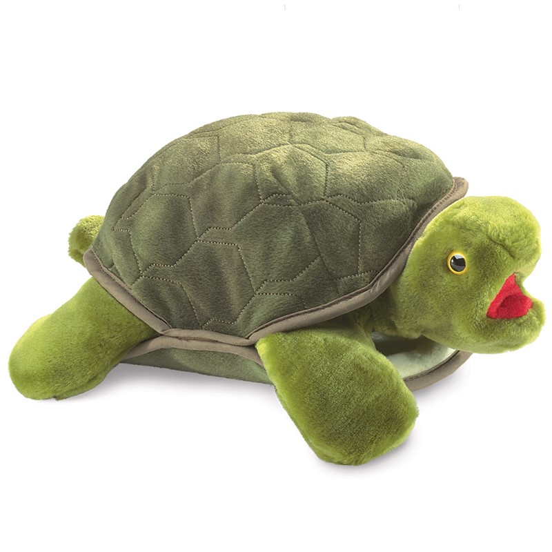 Folkmanis Turtle hand puppet with green quilted shell and open red mouth, side view