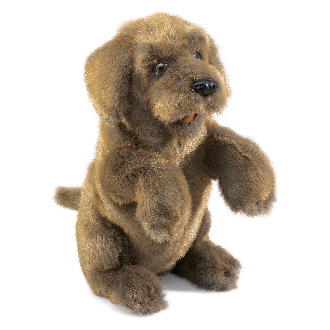 Folkmanis Sitting Dog hand puppet in brown fur, sitting upright with raised paw, front view
