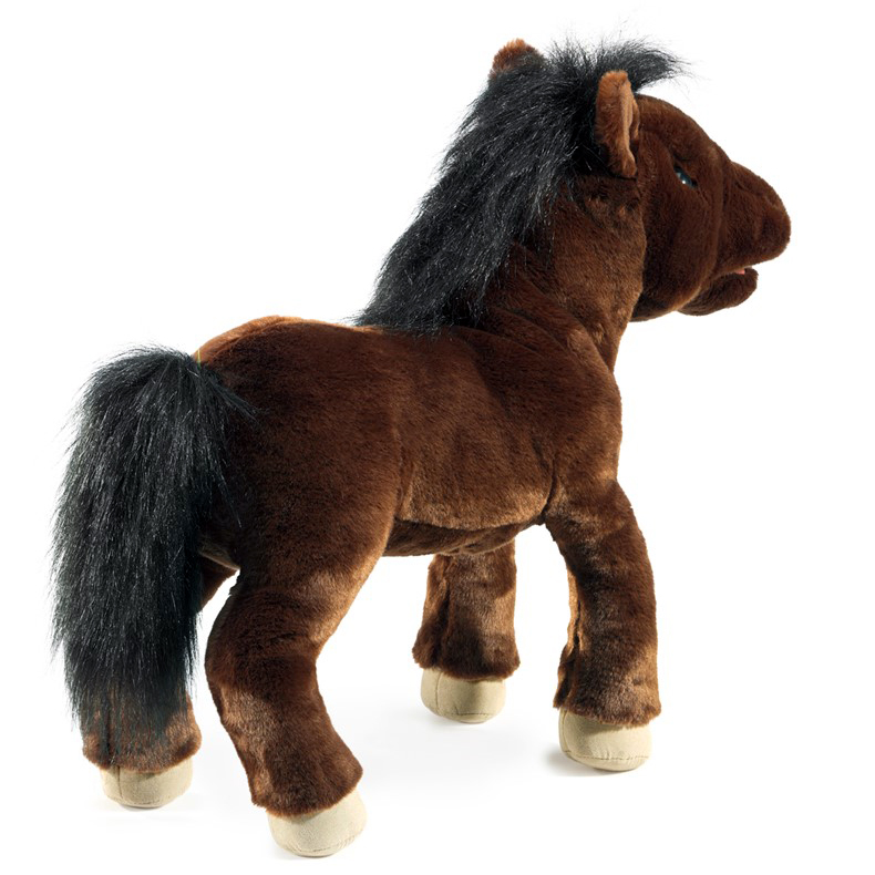 Folkmanis horse hand puppet in dark brown plush with black mane and tail, shown standing in side view