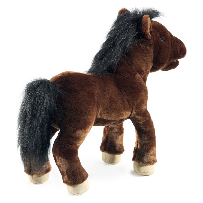 Folkmanis horse hand puppet in dark brown plush with black mane and tail, shown standing in side view