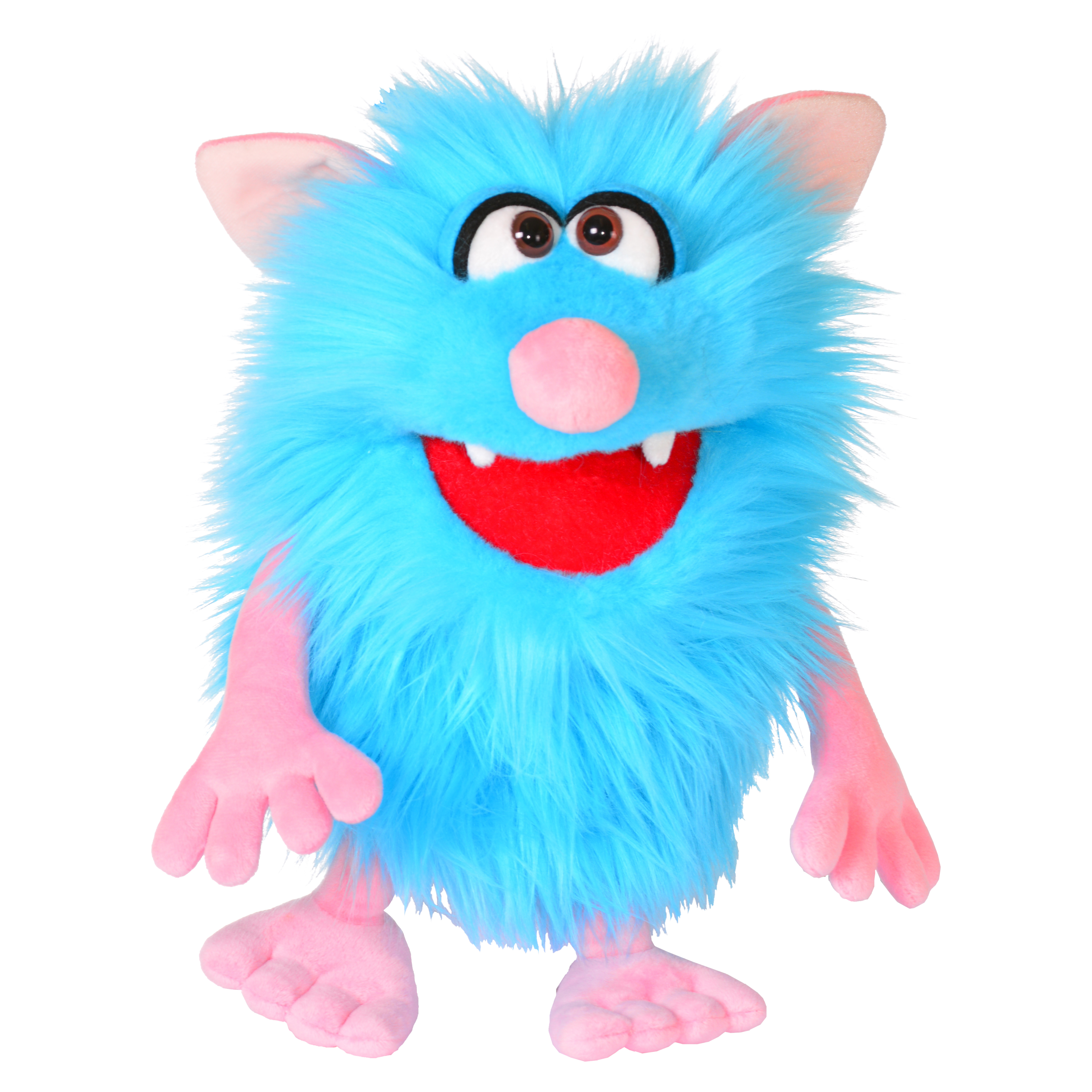 Living Puppets hand puppet Schorsch from the Monster to go series, light blue shaggy monster with pink ears, hands and feet and an open red mouth
