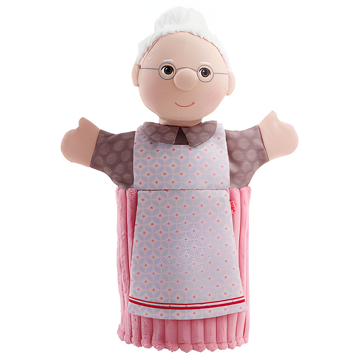 HABA baby hand puppet grandma, with white hair bun, glasses, brown blouse and pink patterned apron