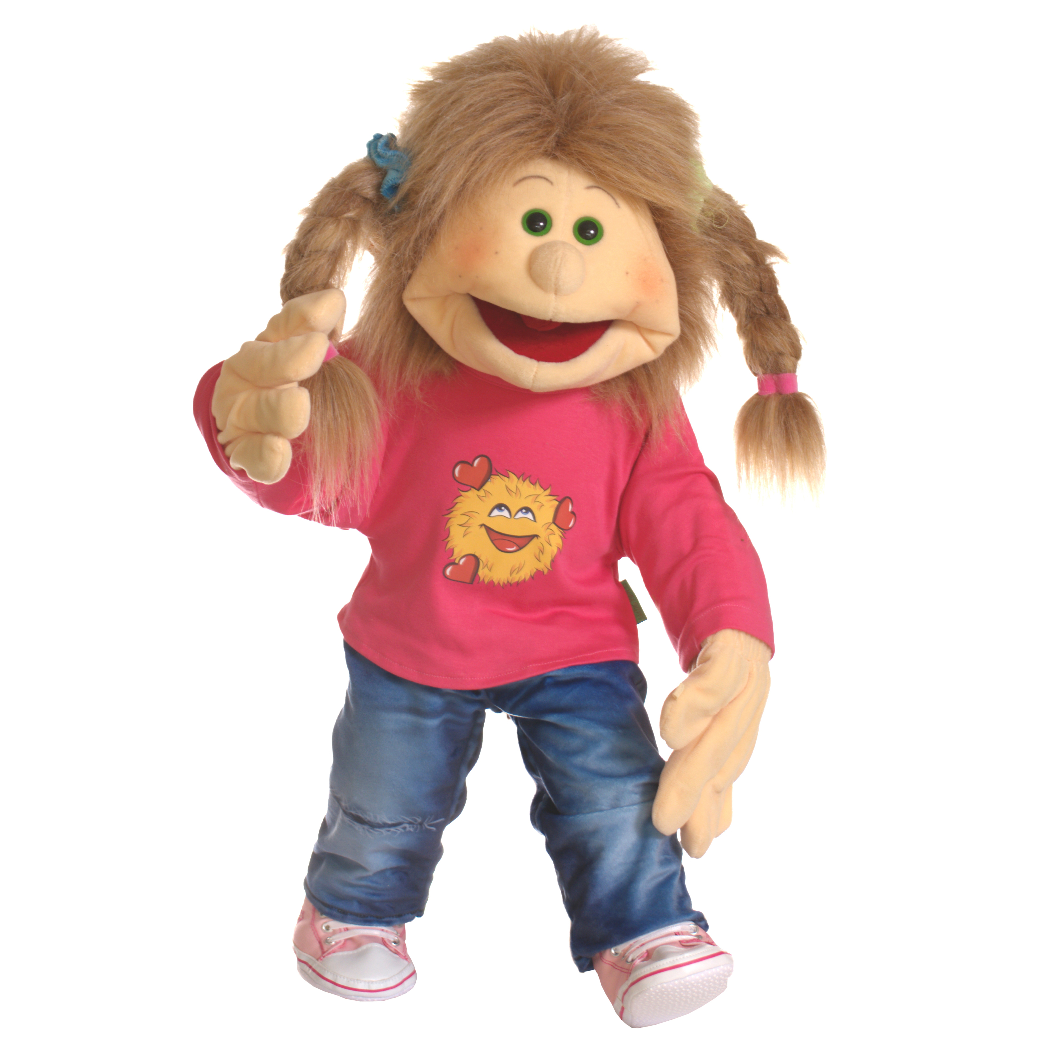 Living Puppets hand puppet Caro with braided pigtails, pink monster shirt and jeans