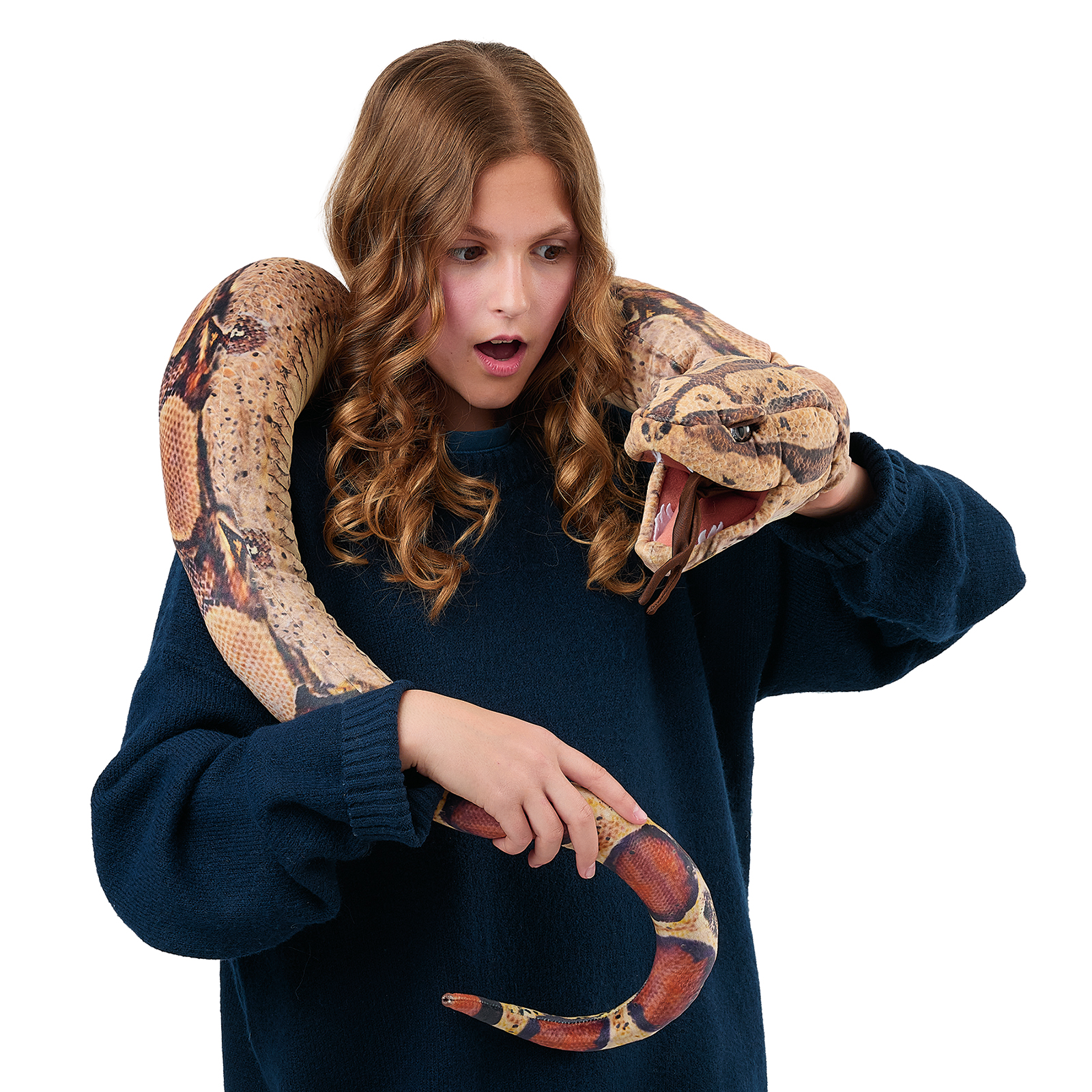 Folkmanis boa constrictor hand puppet draped around a young woman's shoulders, its mouth opened wide.