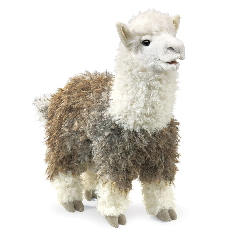 Folkmanis alpaca hand puppet standing, two-tone shaggy fur in brown-grey and white, angled view