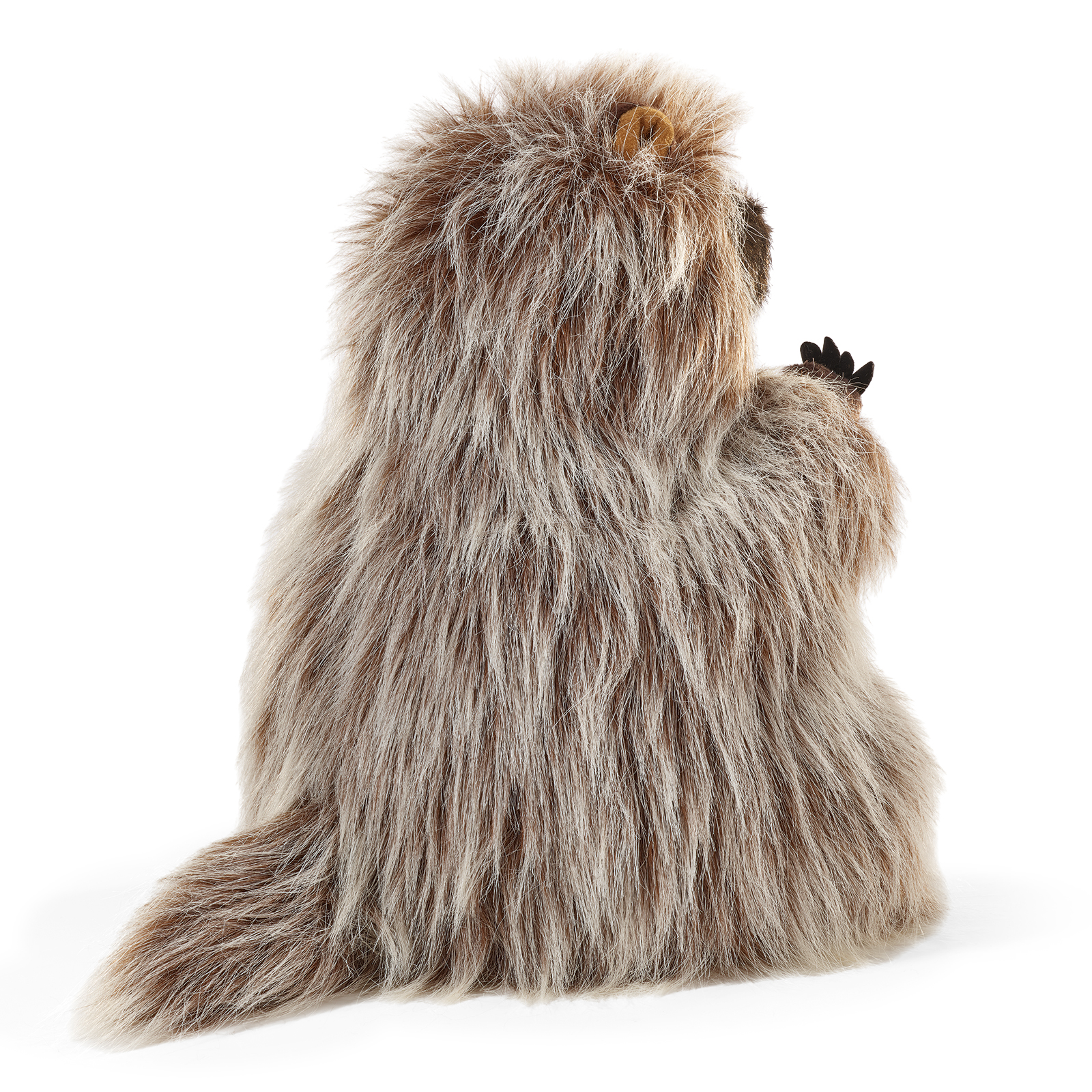 Folkmanis standing porcupine hand puppet seen from behind, its shaggy fur almost covering the whole body.