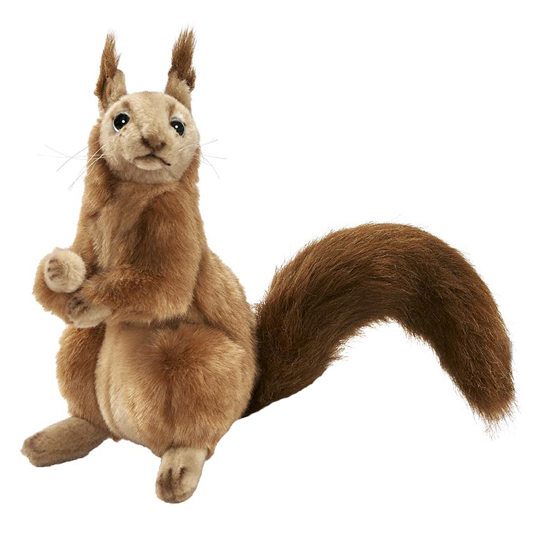Upright sitting squirrel by Hansa Creation as a plush figure with ear tufts and a curved bushy tail