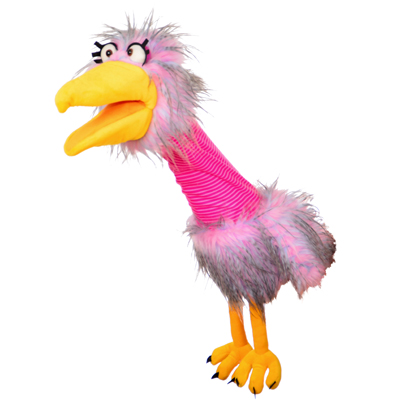 Living Puppets hand puppet Madame Quassel-Schlamassel, grey and pink bird with an open yellow beak, side view