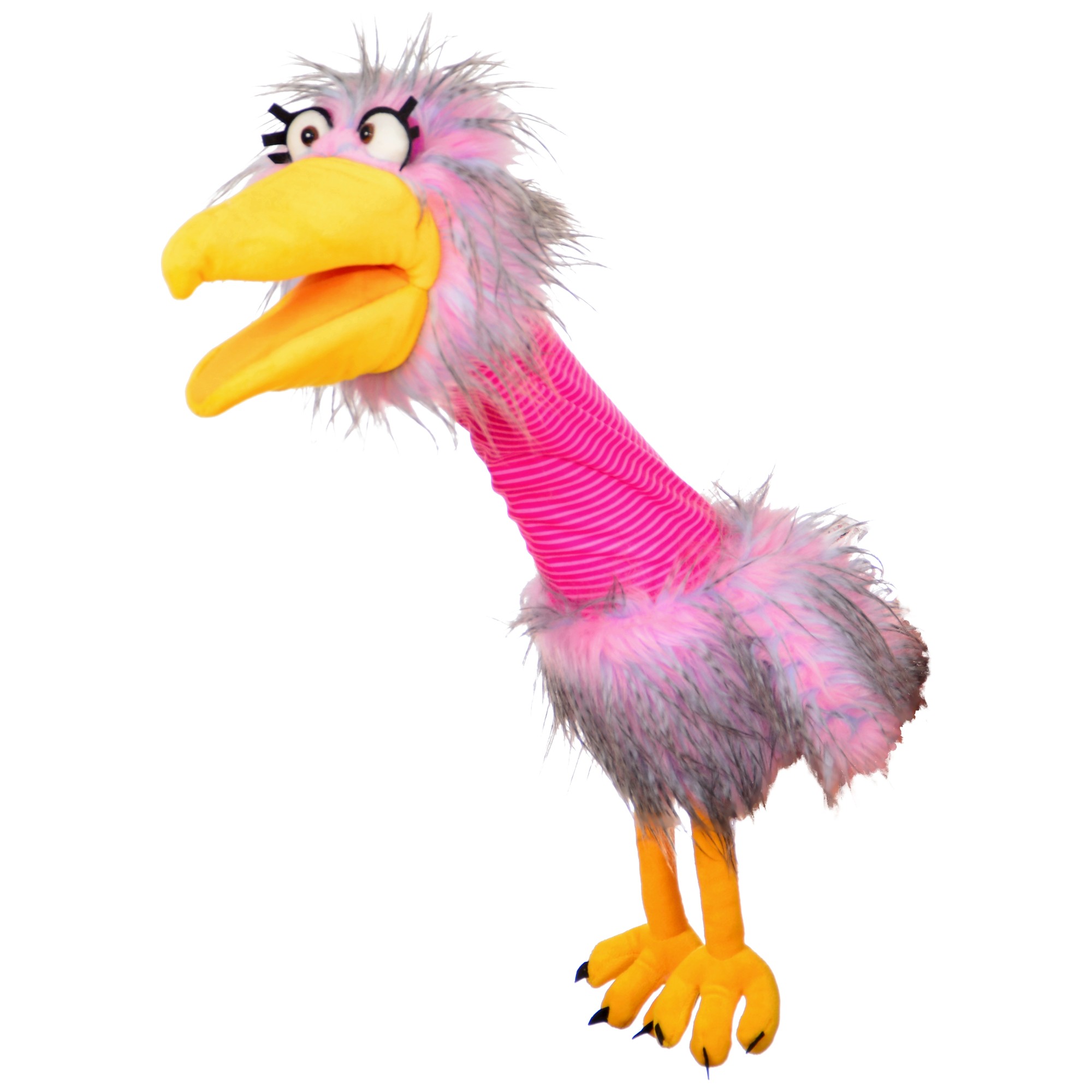 Living Puppets hand puppet Madame Quassel-Schlamassel, grey and pink bird with an open yellow beak, side view