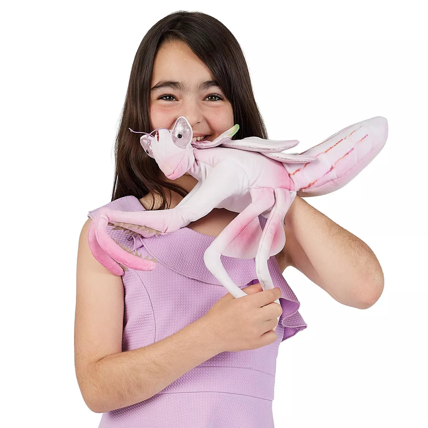 Girl holding and playing with a pink Folkmanis orchid mantis hand puppet with wings and long limbs