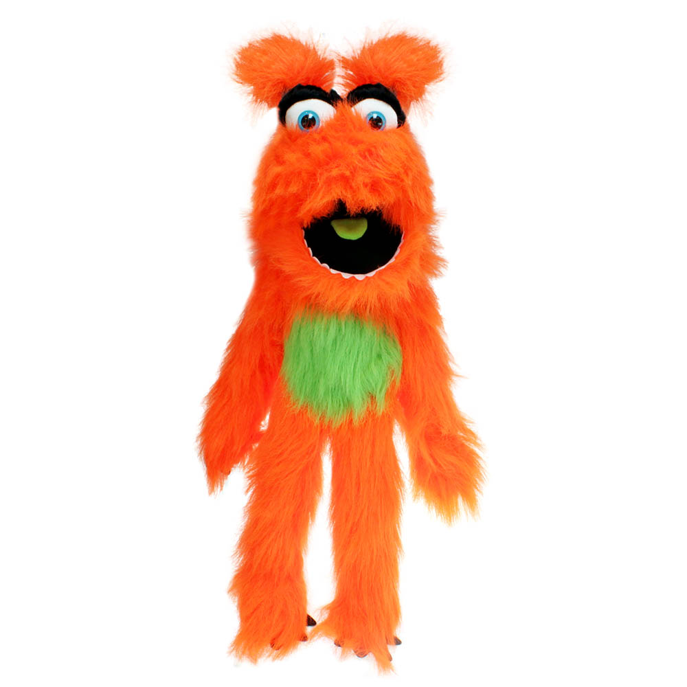 The Puppet Company monster hand puppet orange, orange shaggy monster with a green belly patch, front view