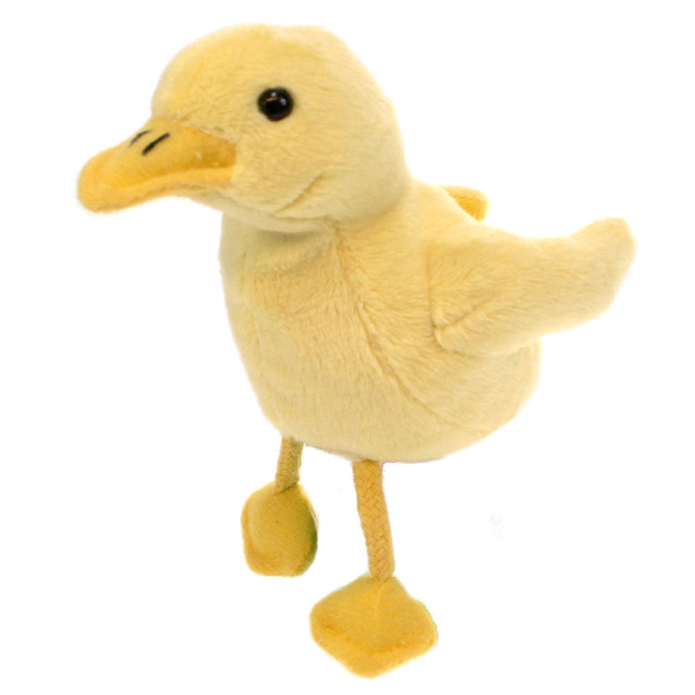 The Puppet Company finger puppet duckling, yellow finger puppet with an orange beak and long fabric legs