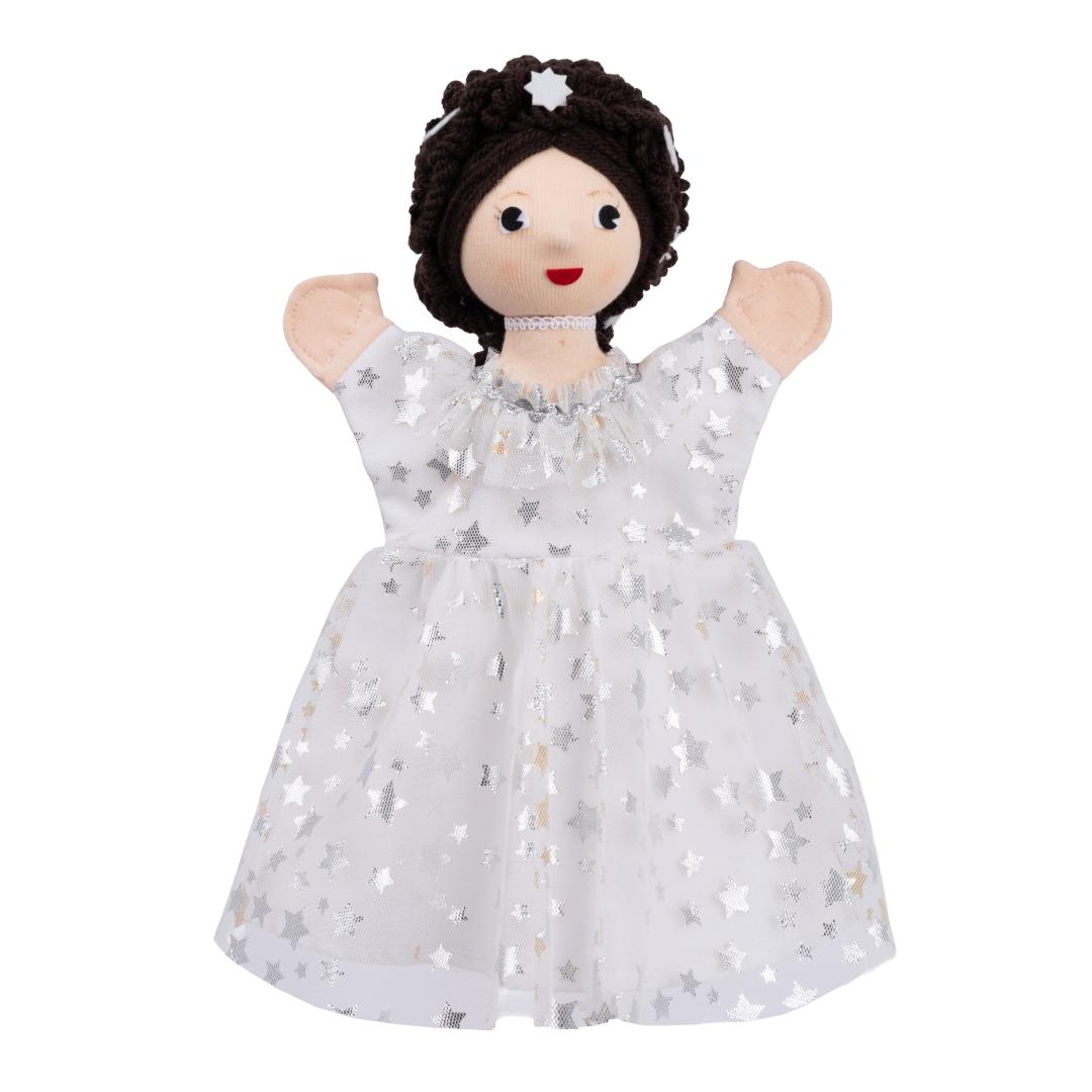 Punch and Judy puppet Empress Sissi by munabo with dark updo hair and a white dress with silver stars