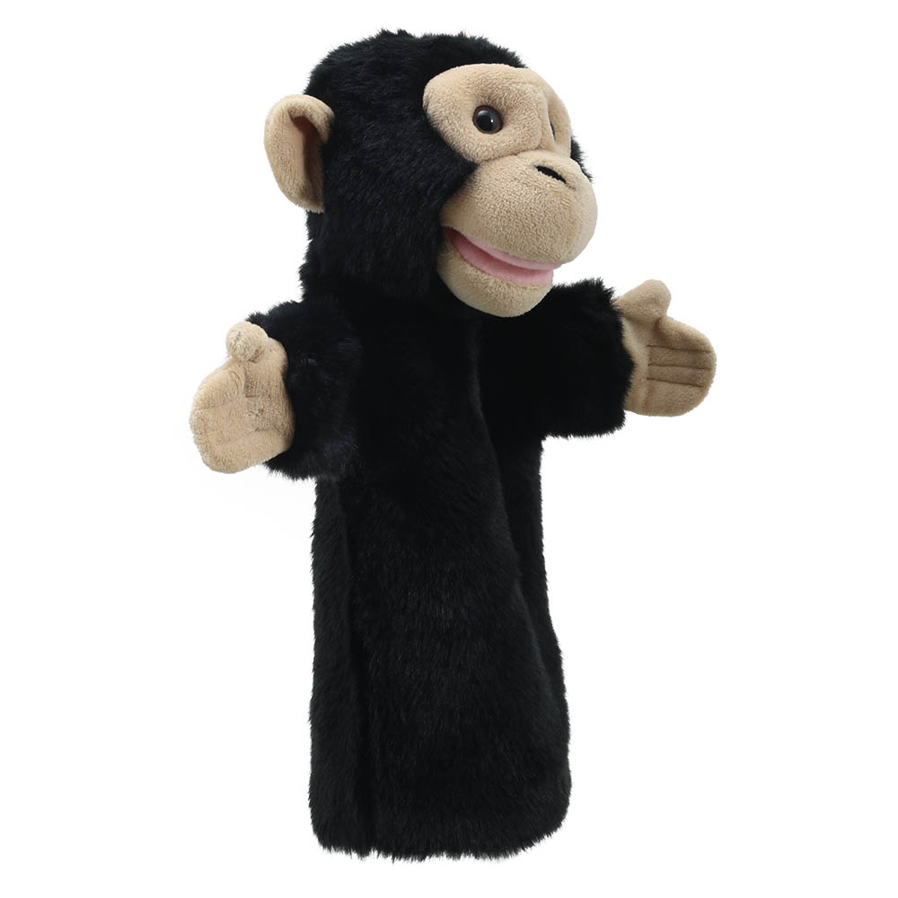 The Puppet Company baby hand puppet chimpanzee, black monkey puppet with outstretched arms, close-up view