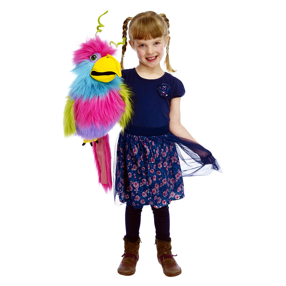 Girl holding the The Puppet Company bird of paradise hand puppet on her arm, usage example