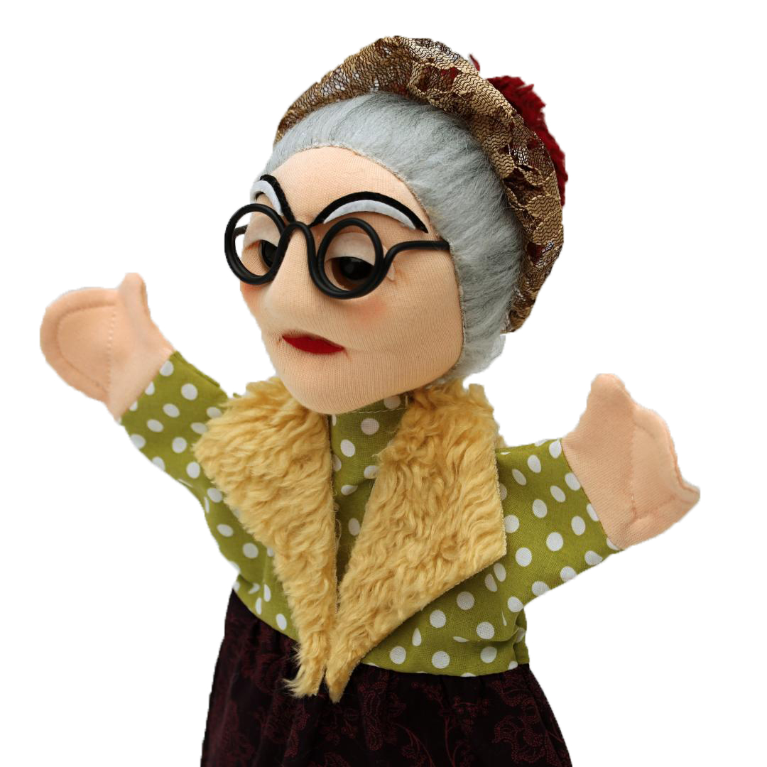 Punch and Judy puppet granny by munabo in close-up with glasses, grey hair and red hair ornament