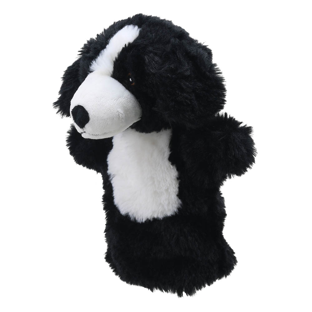 The Puppet Company hand puppet border collie, side view showing the black and white fur in full length