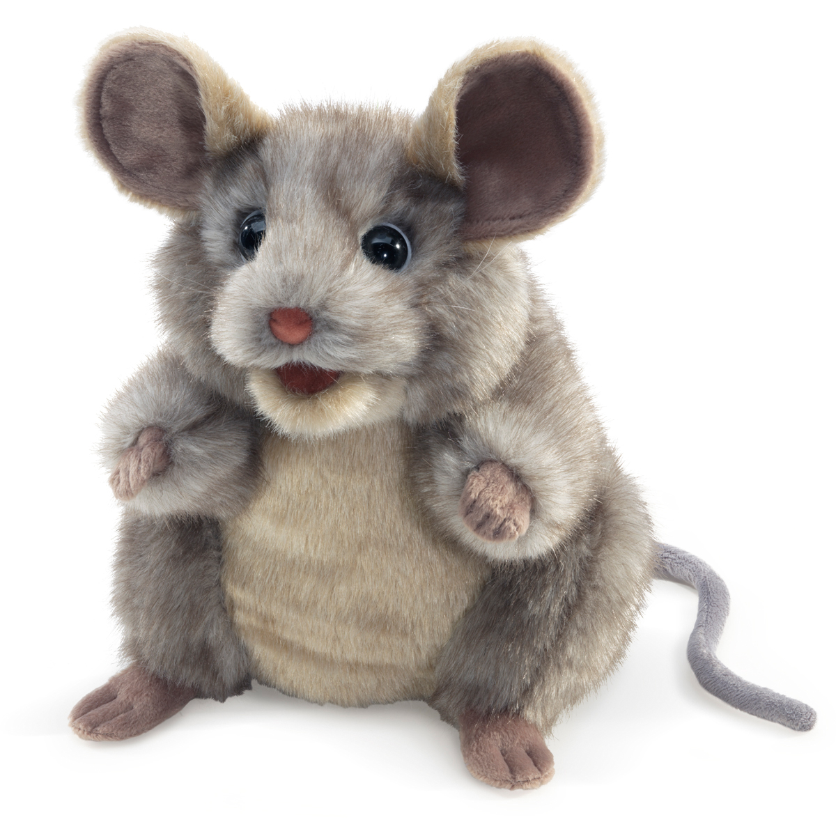 Folkmanis grey mouse hand puppet with movable mouth, large ears and long tail, front view on white background