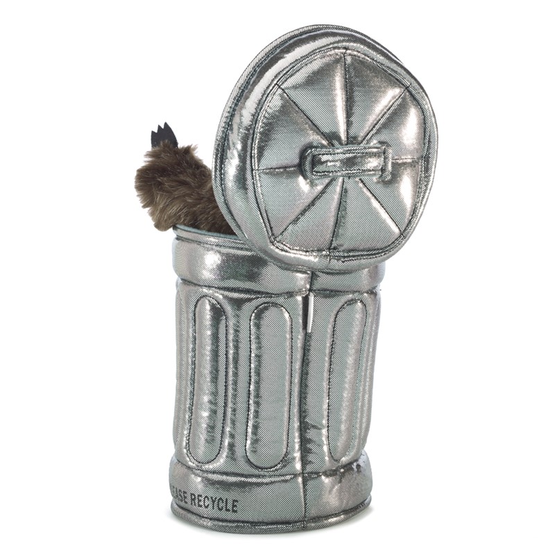 Folkmanis hand puppet raccoon in a silver garbage can with open lid, brown plush head peeking out