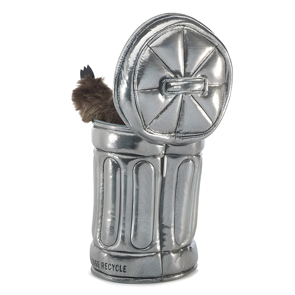 Folkmanis hand puppet raccoon in a silver garbage can with open lid, brown plush head peeking out