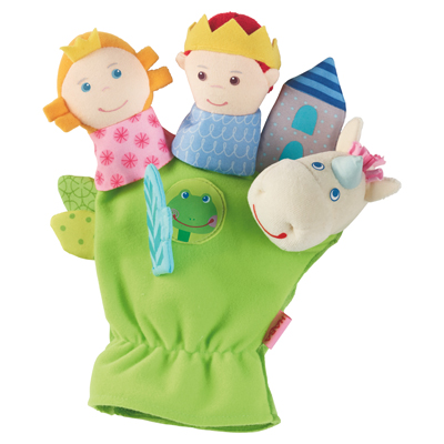HABA fairy tale finger puppet glove, green glove with princess, prince, tower, frog and unicorn head