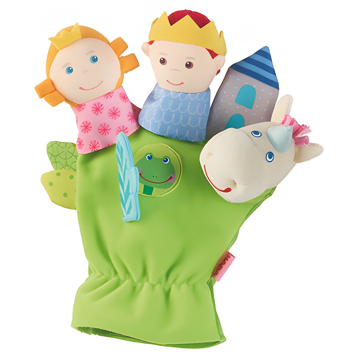 HABA fairy tale finger puppet glove, green glove with princess, prince, tower, frog and unicorn head