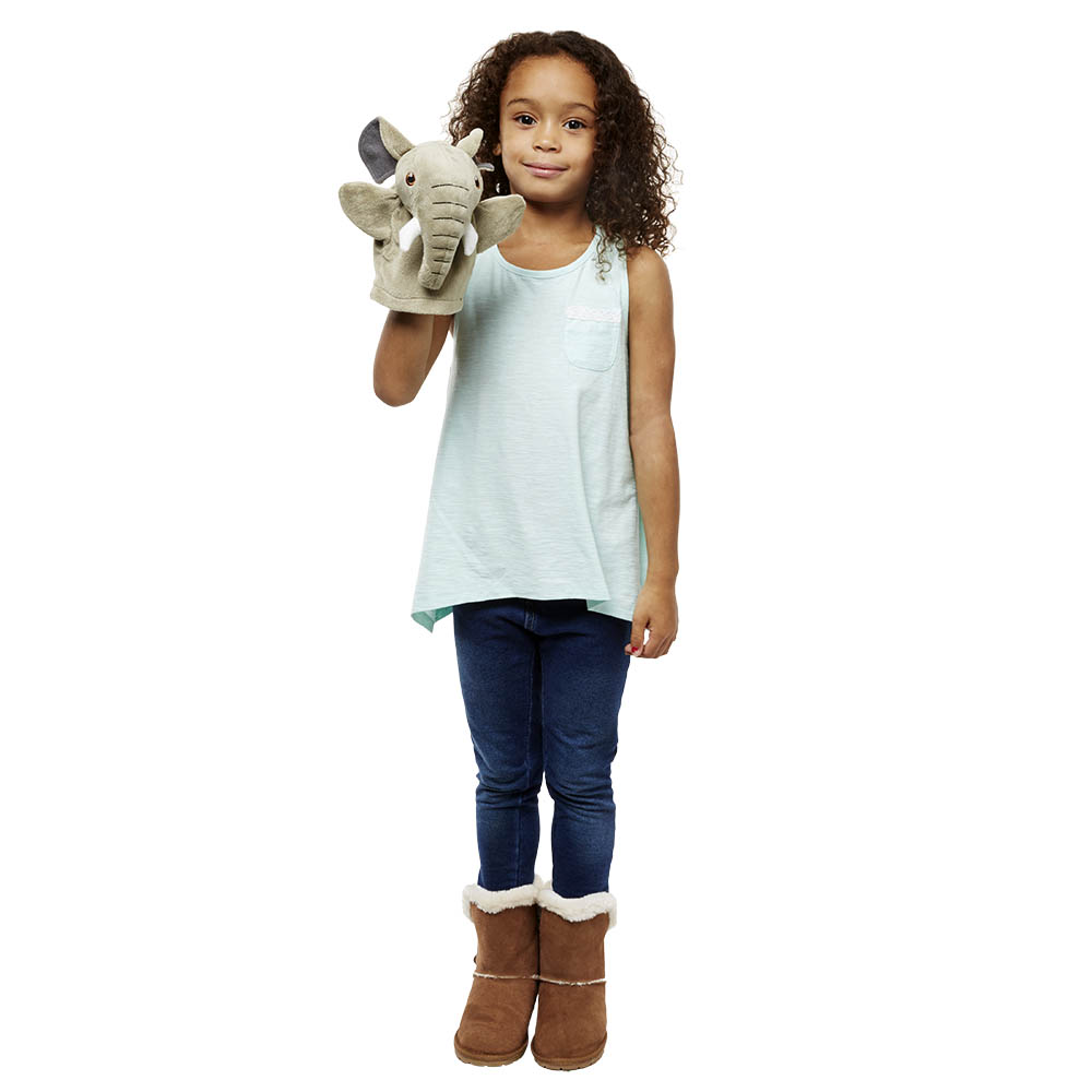 Girl holding the The Puppet Company baby hand puppet elephant on her hand, usage example