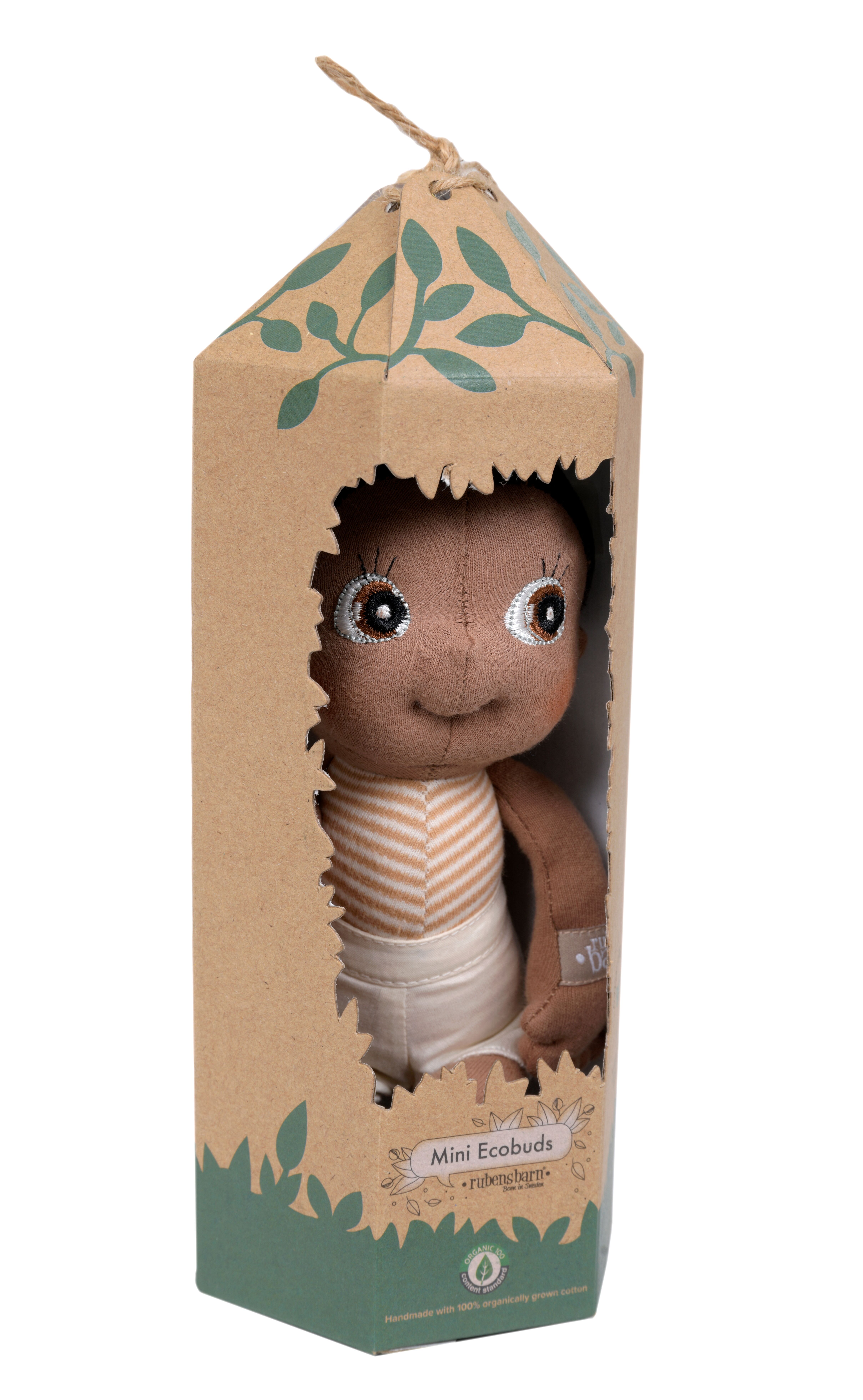 Rubens EcoBuds mini doll Basil in the natural cardboard packaging