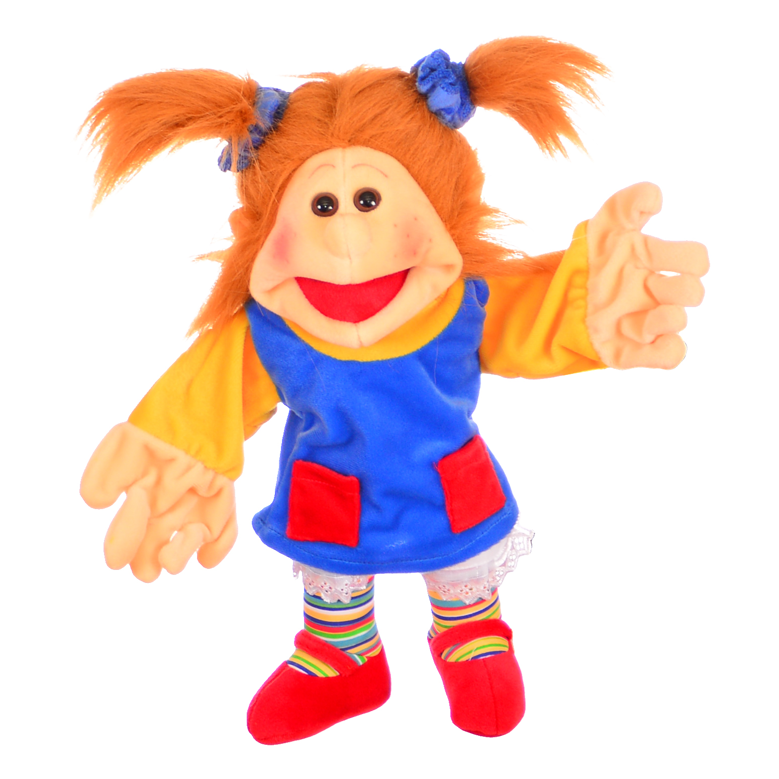 Living Puppets hand puppet Lotta Mini with orange pigtails, blue dress with red pockets, striped socks and red shoes, arms spread wide