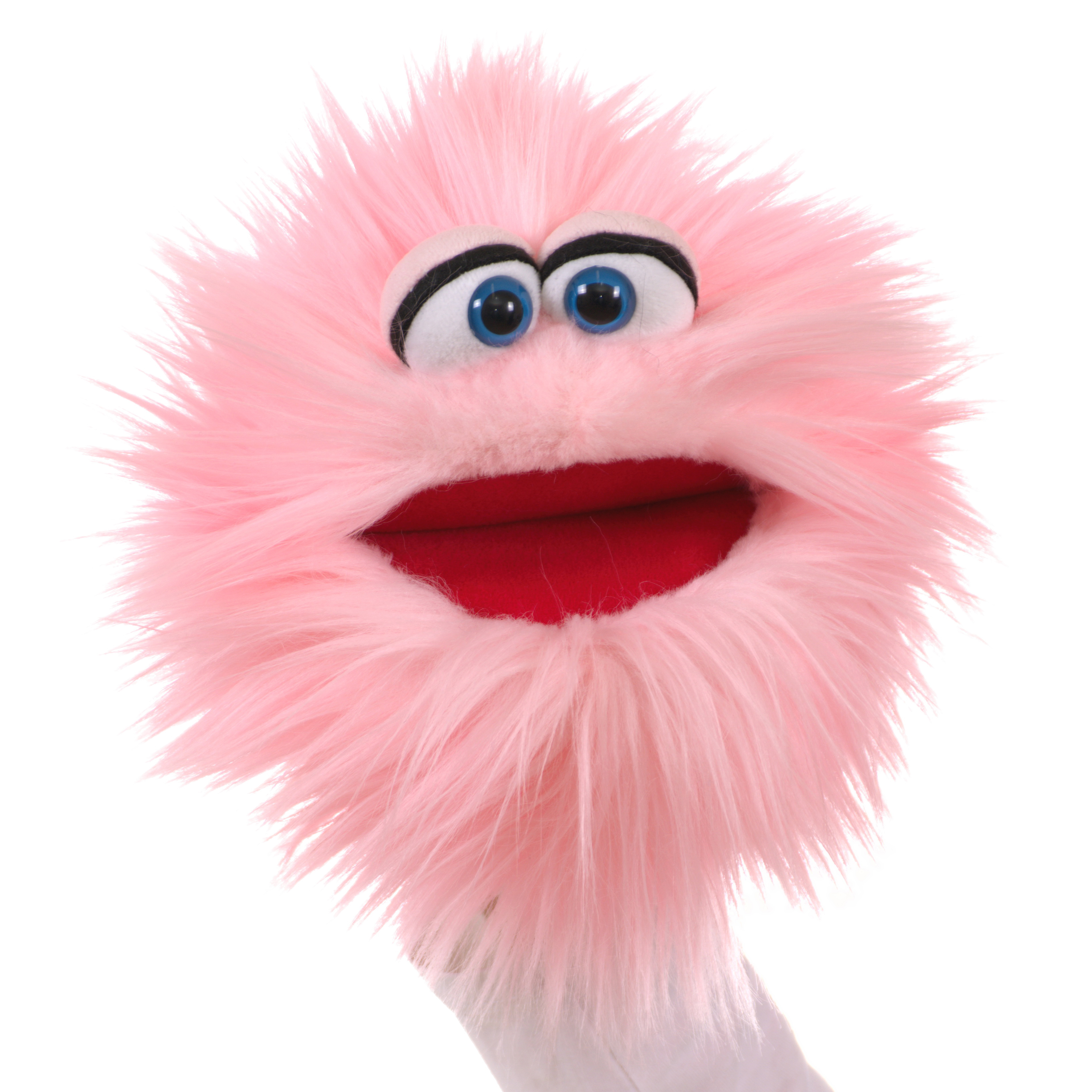 Living Puppets hand puppet Plaudertante, pink shaggy monster with blue eyes and an open red mouth, turned slightly to the side