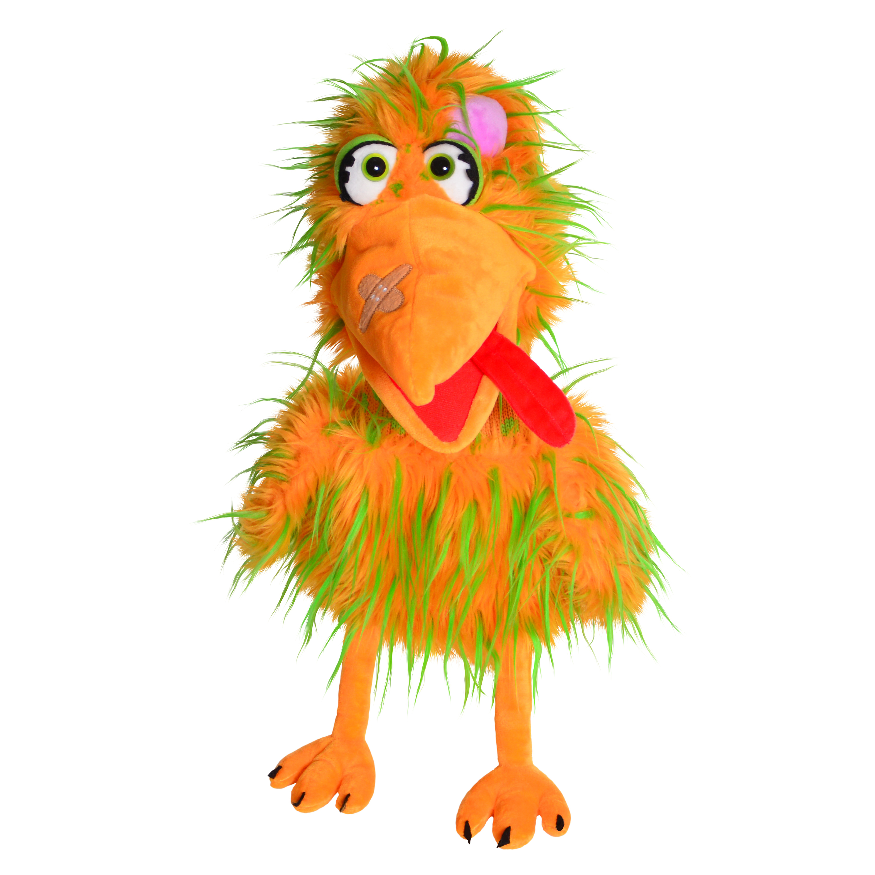 Living Puppets hand puppet Bernie Birdie: orange shaggy bird with green strands and long tongue
