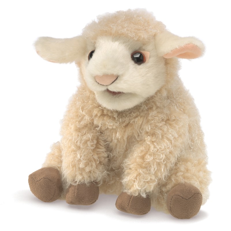 Folkmanis small lamb hand puppet with cream curly plush, movable mouth and brown hooves, sitting in front view