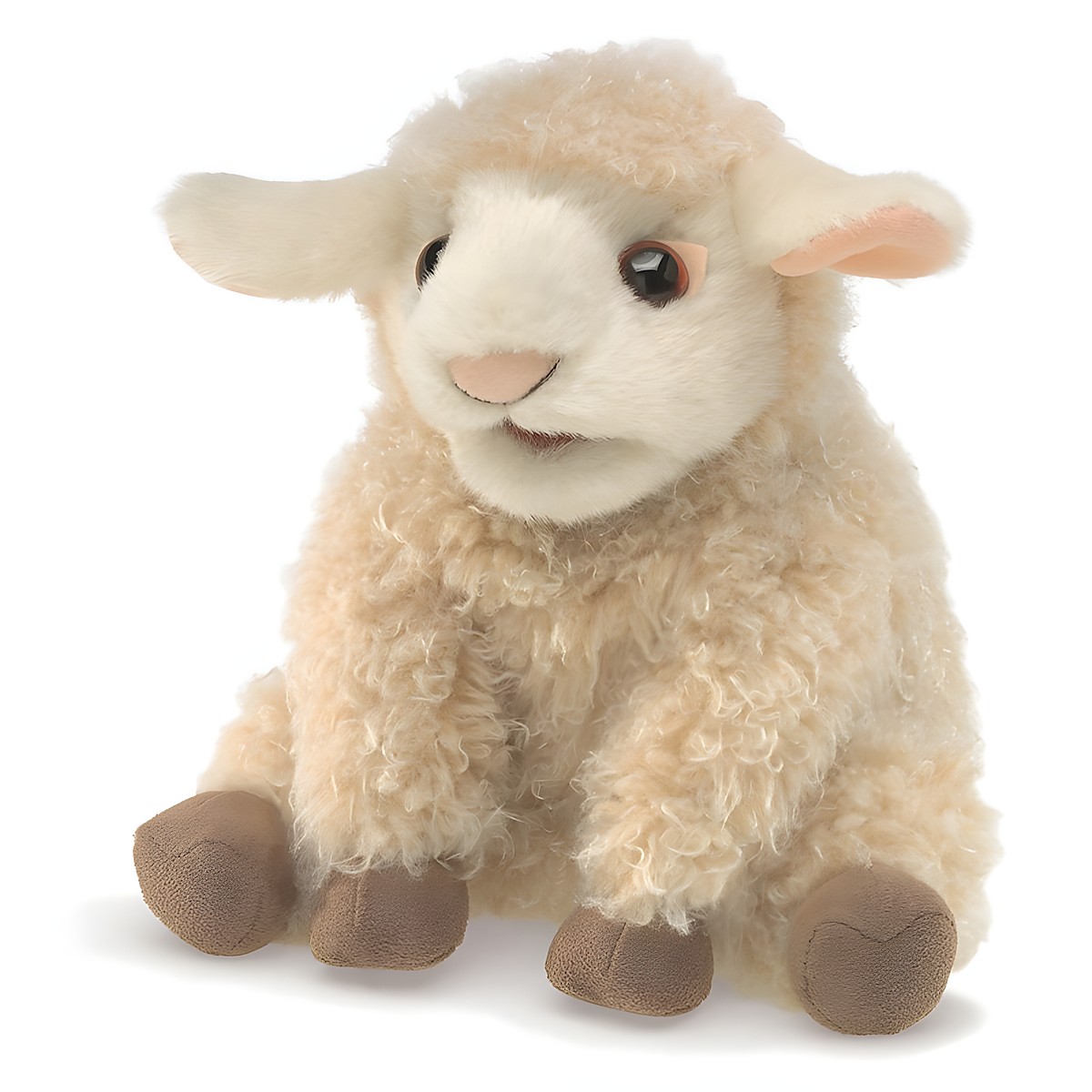 Folkmanis small lamb hand puppet with cream curly plush, movable mouth and brown hooves, sitting in front view