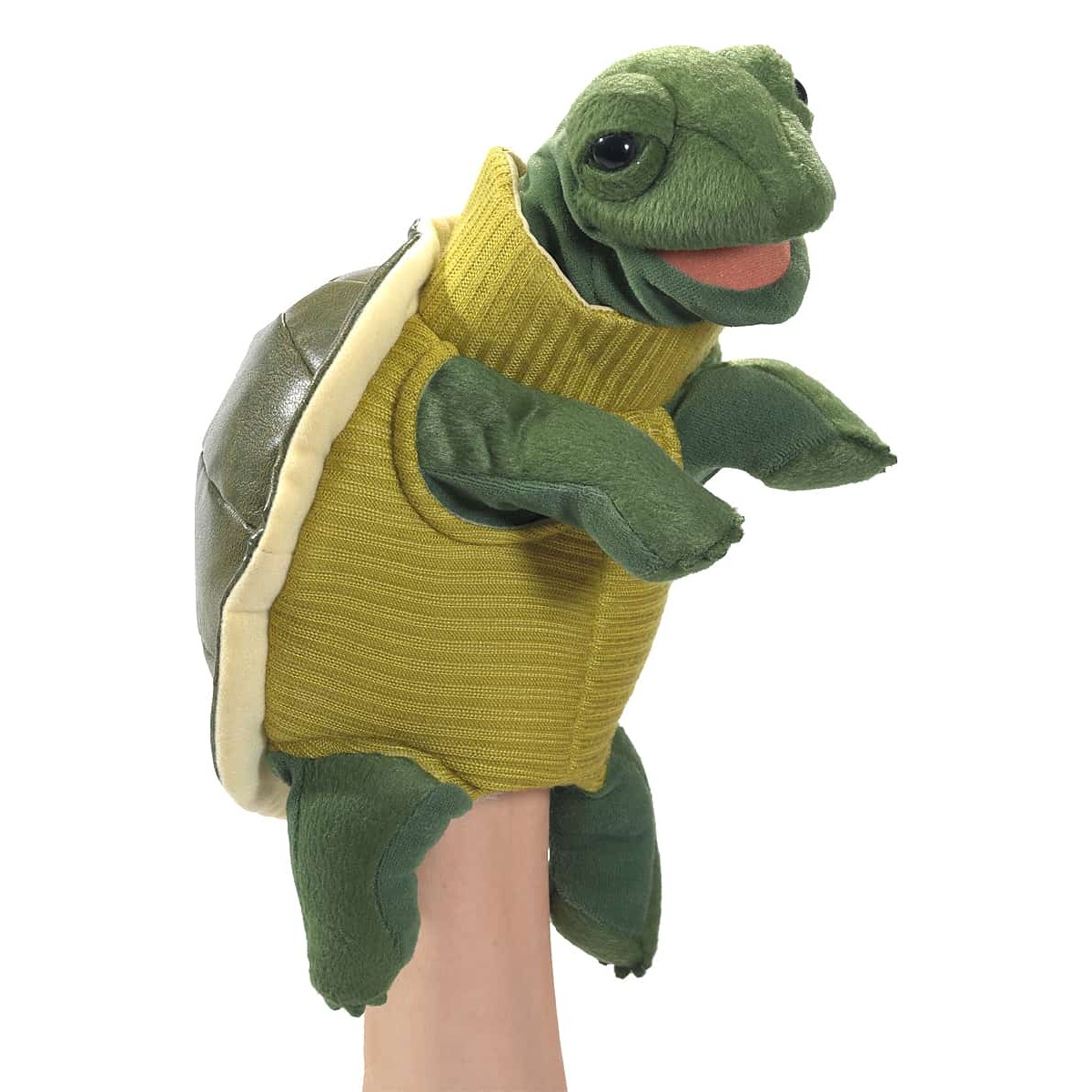 Folkmanis turtleneck turtle hand puppet worn on a hand, shown from the side, with a yellow turtleneck sweater