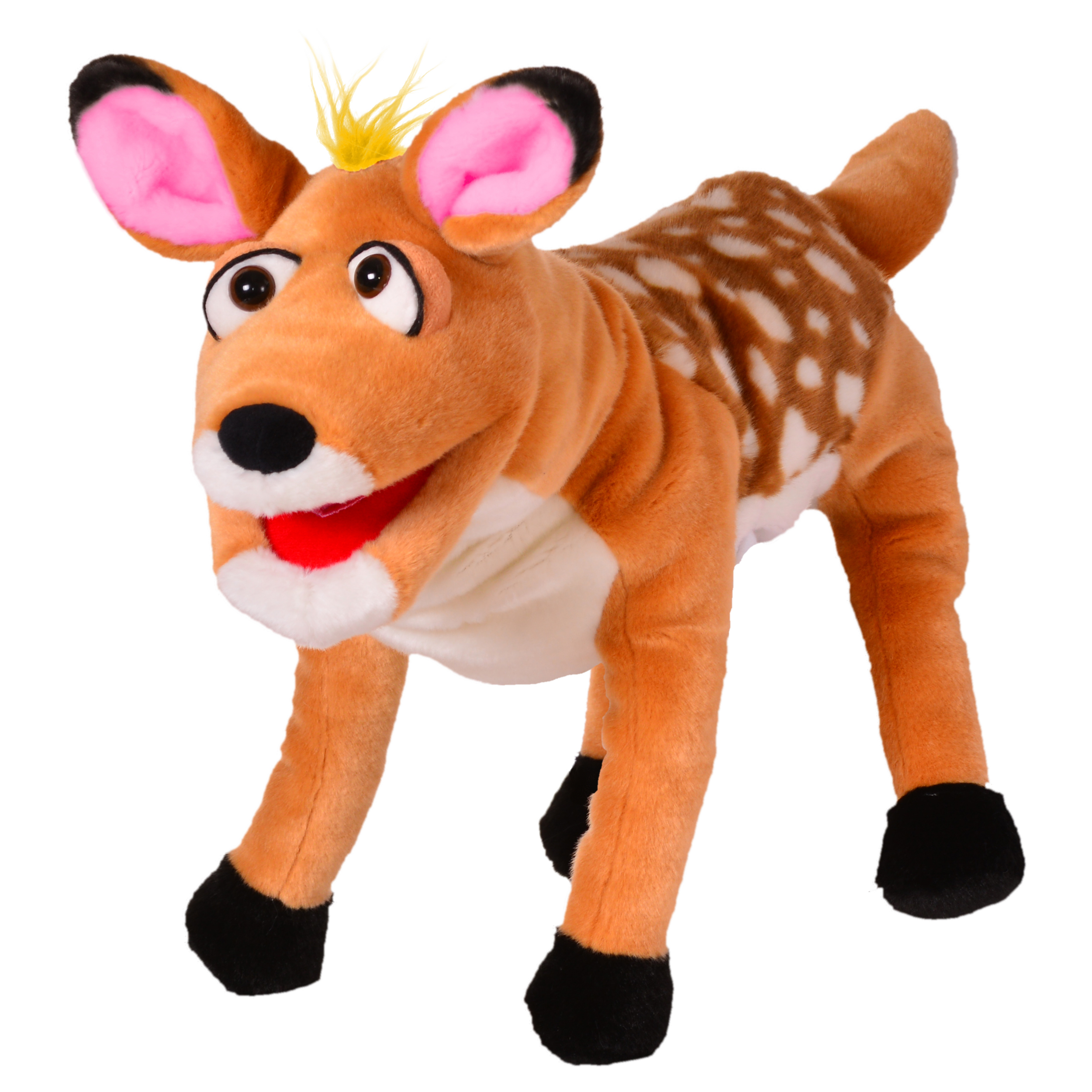 Living Puppets hand puppet Rosalinchen the fawn with light brown fur, white spots, pink ears and an open mouth, standing