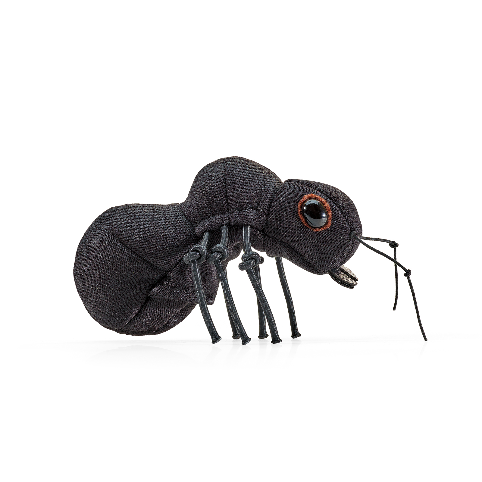 Folkmanis mini ant finger puppet in black, side view, with six legs and orange-red rimmed eyes
