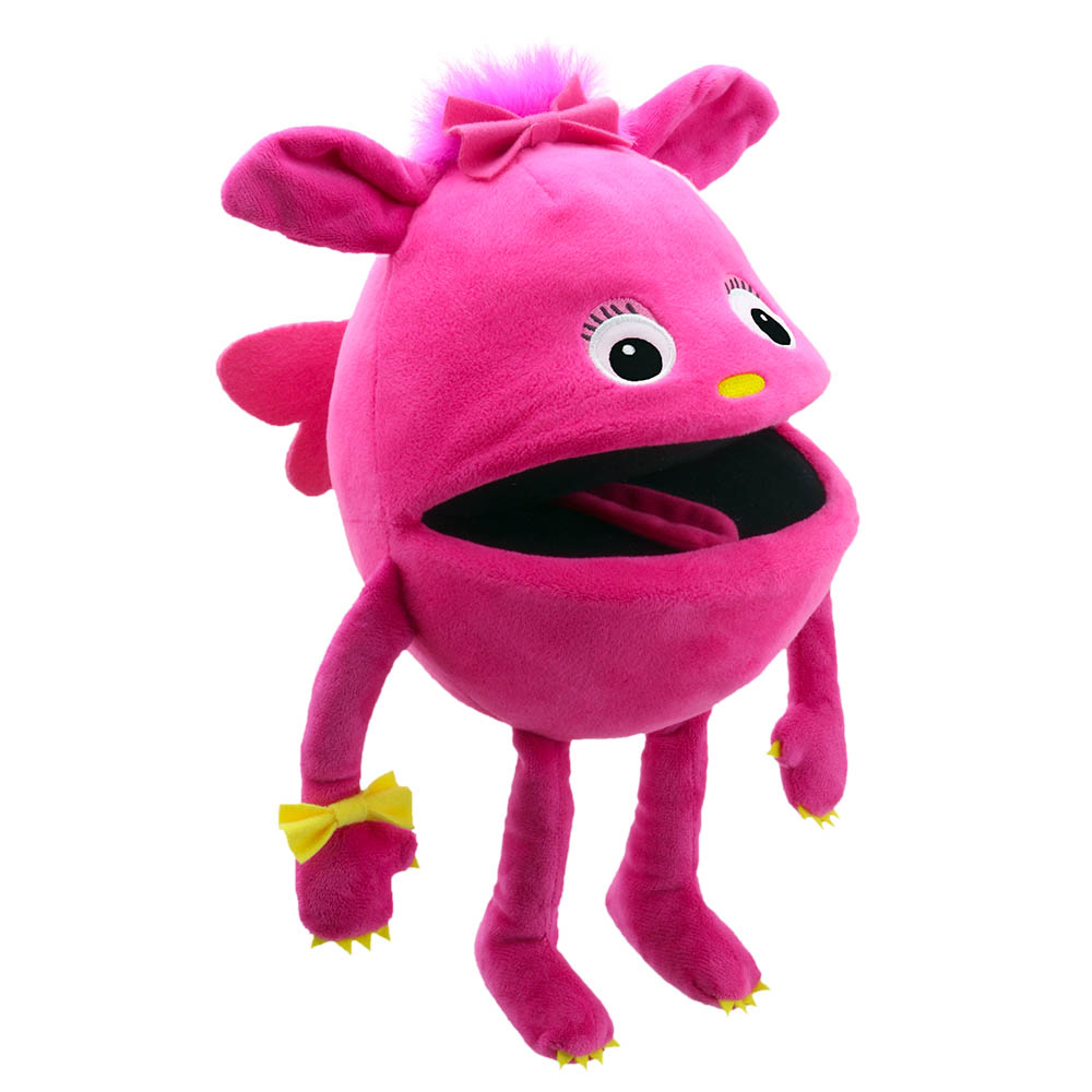 The Puppet Company baby monster hand puppet pink, pink monster with wings, a bow and an open mouth